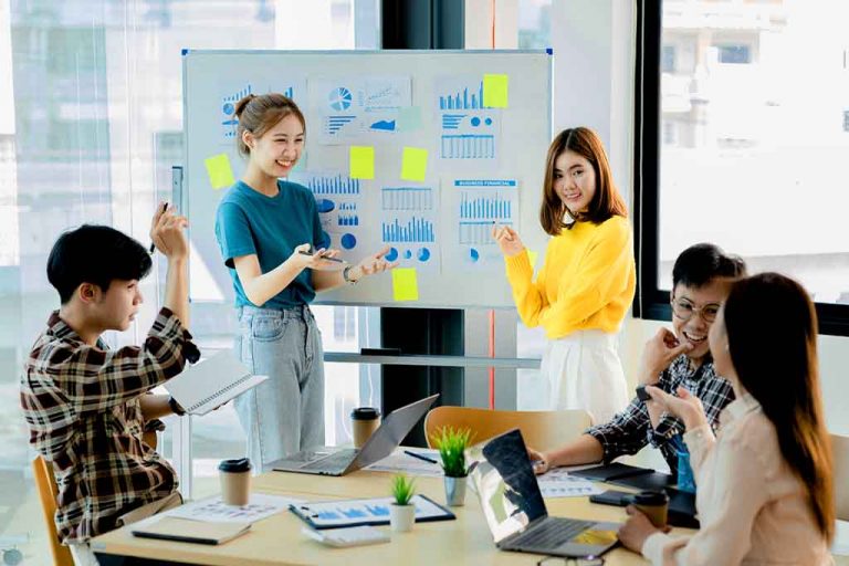 Meeting rooms where people are giving presentations, they are ha